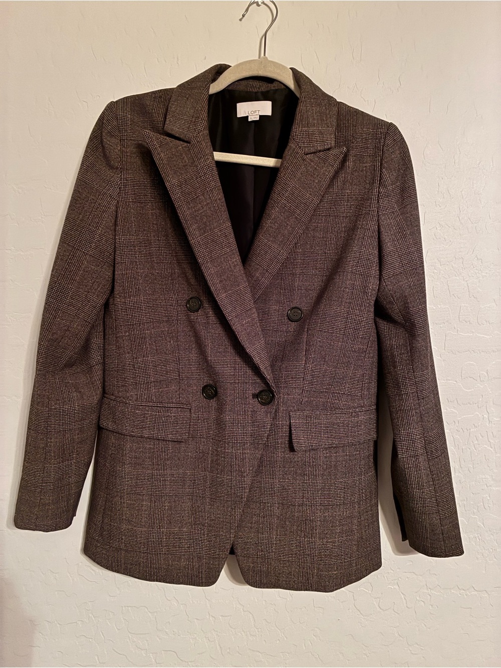 LOFT Women's Double-Breasted Plaid Blazer in Brown, Size 4